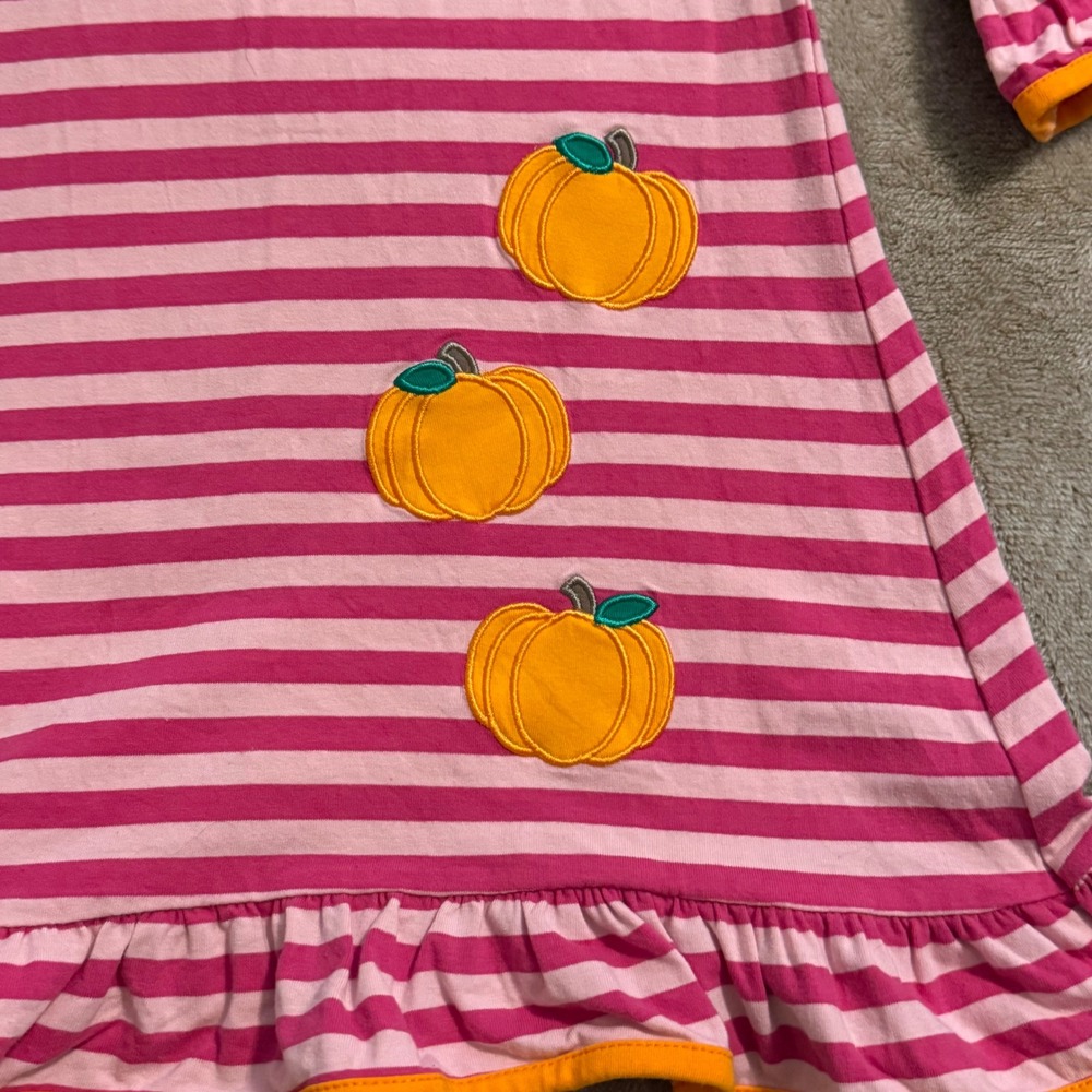 Classic Whimsy Girls Pink Striped Pumpkin Applique Ruffle Fall Dress 3T - Picture 6 of 7